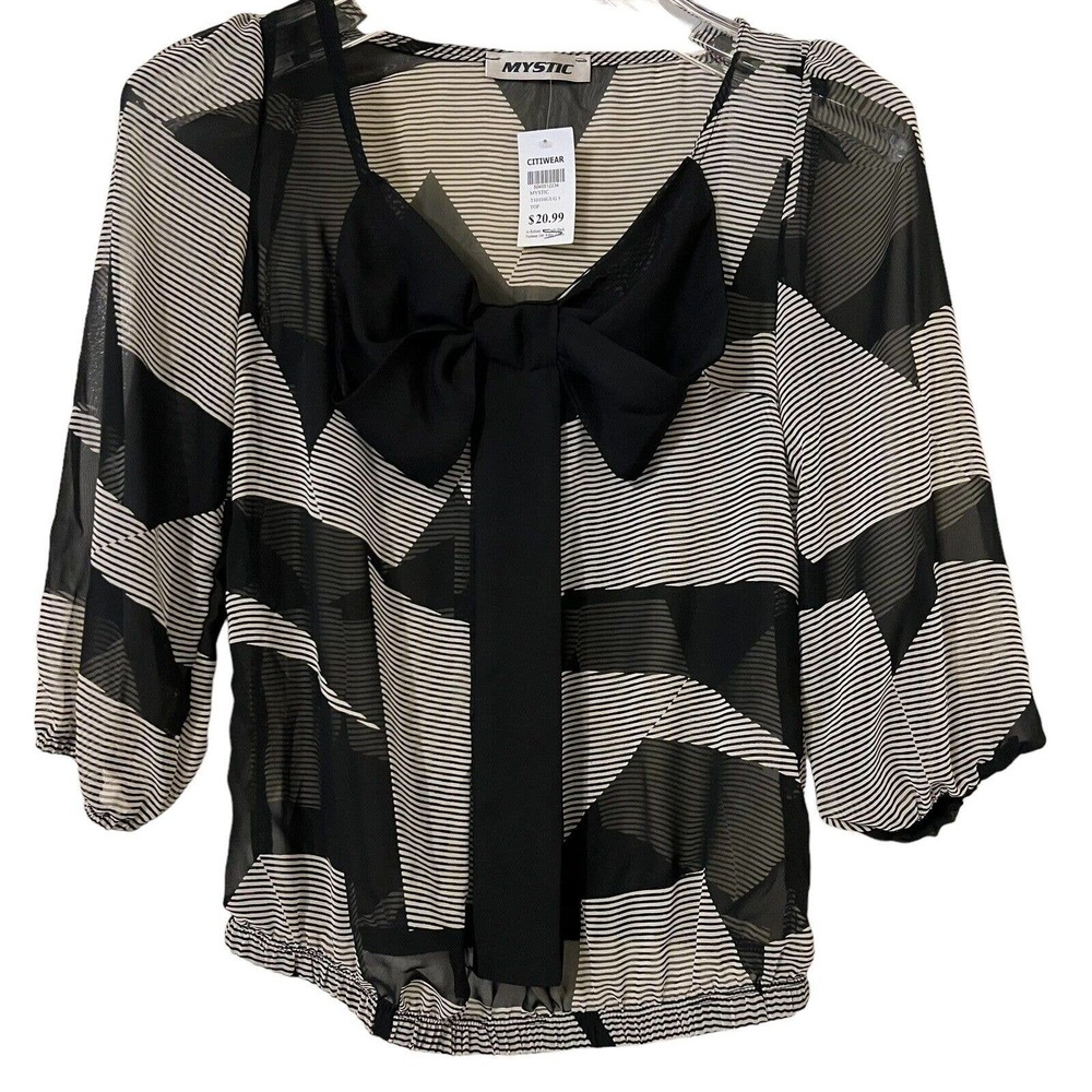 ๐ต NWT Geometric 2010's Black & Cream Sheer Blouse w/Black Statement Bow - Small